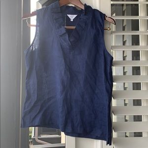 Navy linen blouse with ruffled collar, v-neck